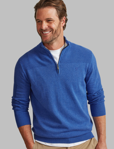 soft cotton blue quarter zip with rib detail by Vedoneire of Ireland