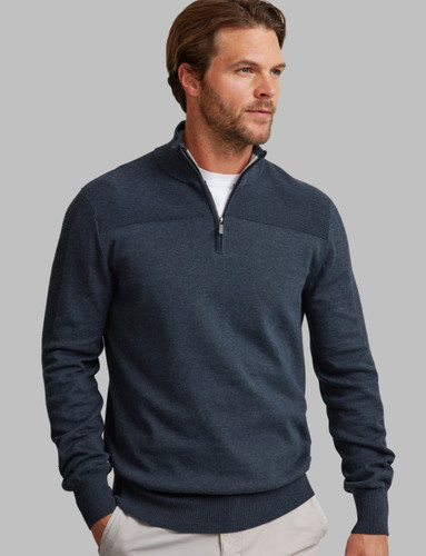 dark denim cotton half zip with rib detail and contrast inside neck by Vedoneire of Ireland