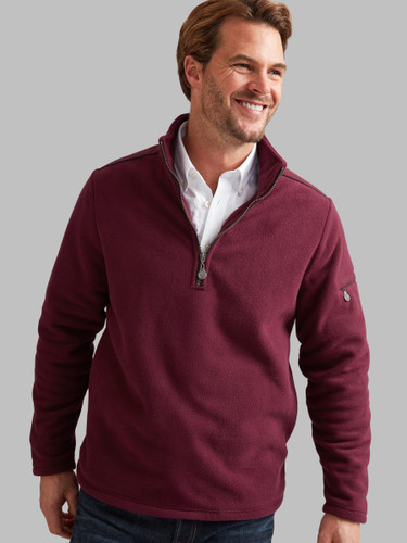 Men's burgundy fleece half zip with rugged woven and suede trim