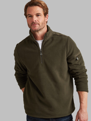 Men's green heritage style half zip fleece with suede trim