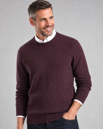  lambswool texture crew neck in dark cherry colour, by Vedoneire of Ireland