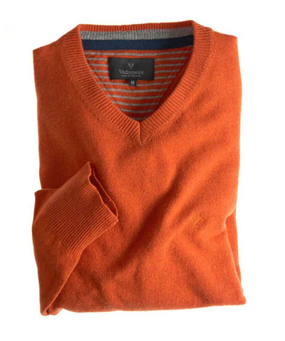 Orange cashmere v-neck jumper by Vedoneire of Ireland.