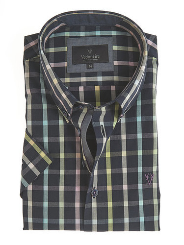 Men's Short Sleeve Cotton Shirt (2296 Ducommon) check plaid navy black pink