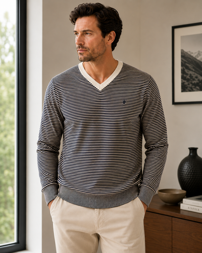 Mens Cotton V-Neck Striped Jumper (4310 Navy)