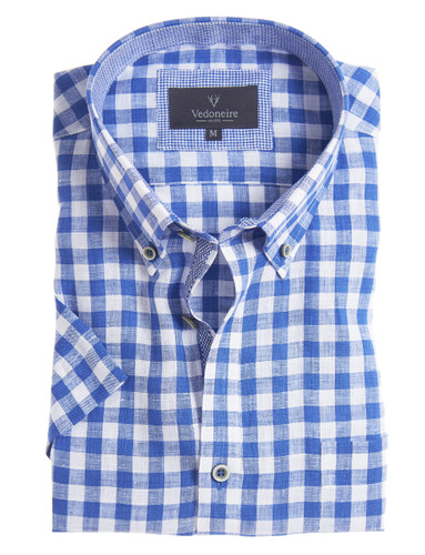 Men's Short Sleeve 100% Linen Button Down Shirt (2105 Blue Gingham)
