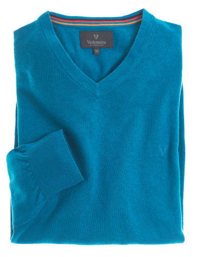 Men's V neck  cotton cashmere Jumper in teal by Vedoneire or Ireland