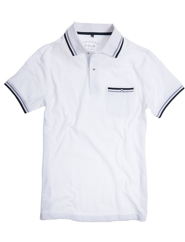 White pique polo with pocket,  tipping detail on collar, sleeve and pockets