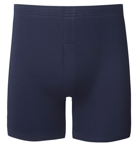 Comfortable navy men's  trunk with  fabric waistband, warm interlock fabric, long leg length 