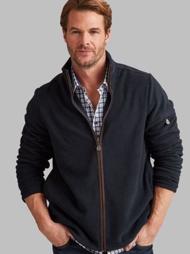 Men's warm full zip navy fleece with pocket and suede trim by Vedoneire of Ireland