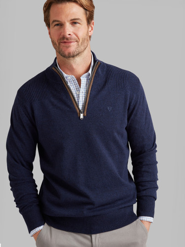 Men's Lambswool quarter zip with suede trim, by Vedoneire of Irleand