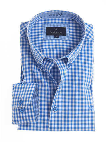 Striking blue gingham button down shirt in soft cotton, by Vedoniere of Ireland