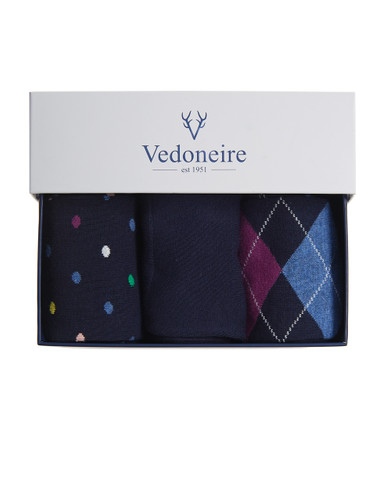 Luxury Men's 3pk Gift sock box, navy, by Vedoneire of Ireland Luxury Men's 3pk Gift sock box, navy, by Vedoneire of Ireland