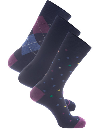 men's three pack cotton socks argyle and dot, navy, by Vedoneire of Ireland
