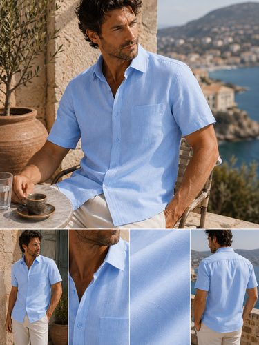 Men's Linen Mix Short Sleeve Shirt (2105) Sky