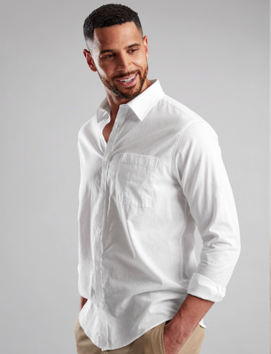 Men's white linen mix long sleeve shirt with pocket by Vedoneire of Ireland