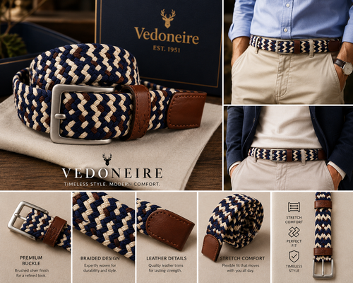 Mens Stretch Braided Belt (9002 Multi) Brown Cream Navy