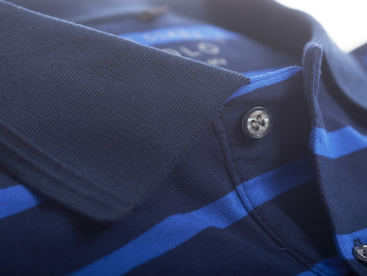 Men's narrow stripe Navy polo shirt by Vedoneire of Ireland