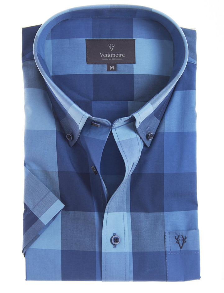 Men's short sleeve cotton shirt, large check, by Vedoneire of Ireland