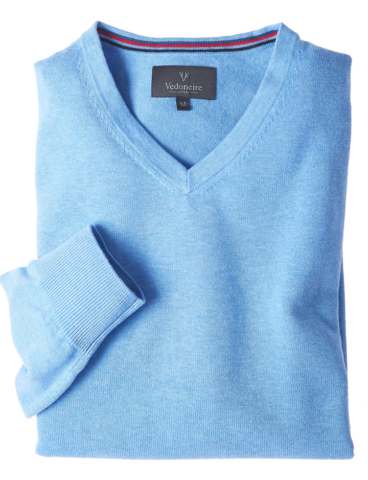 Blue V neck cotton cashmere knit by Vedoneire of Ireland