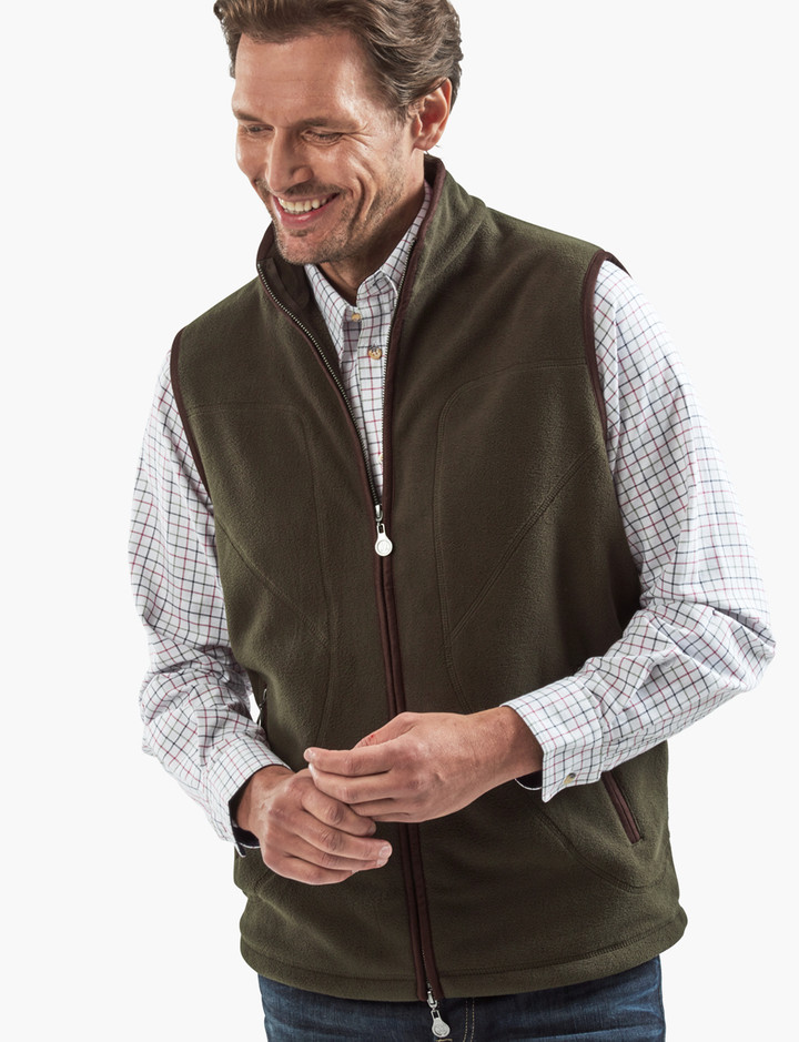 Equine style fleece gilet with suede trim in Olive colour by Vedoneire of Ireland