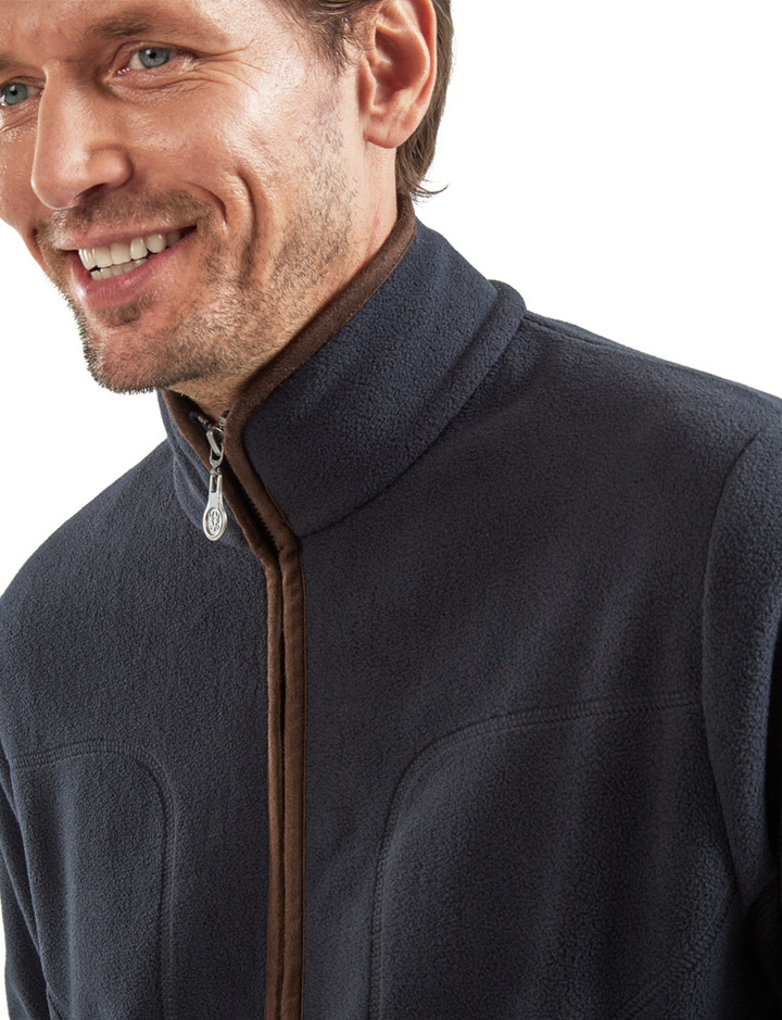 Smart navy men's fleece with suede trim by Vedoneire of Ireland
