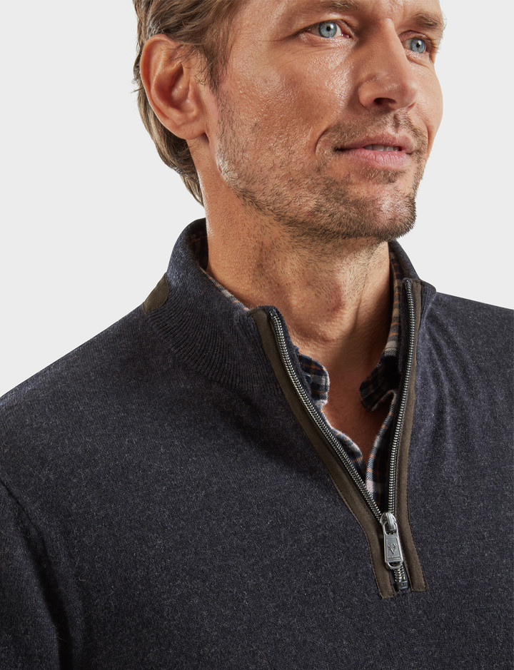 Men's luxury lambswool half zip with suede trim, grey, by Vedoneire of Ireland