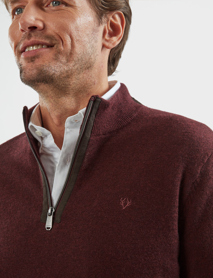 Men's lambswool half zip in warm winter fig colour, by Vedoneire of Ireland