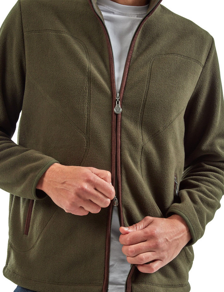 Men's full zip fleece, green, with suede trim detail by Vedoneire of Ireland