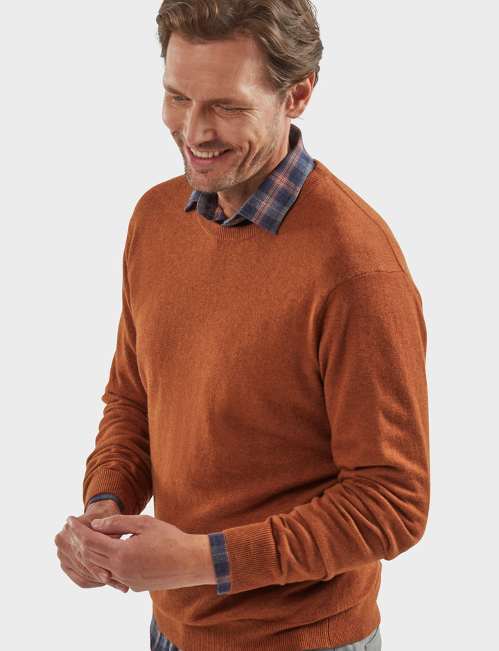 Men's luxury lambswool round neck knit, ginger biscuit, by Vedoneire of Ireland