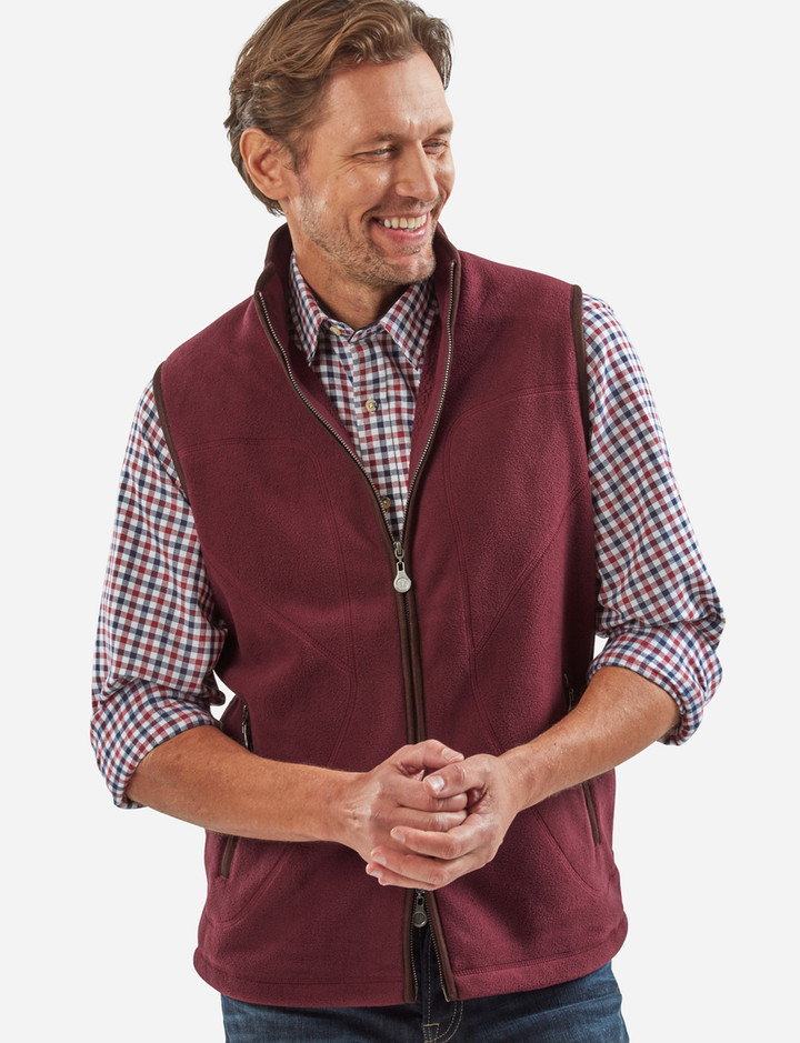Gentlemans  fleece gilet with suede trim, burgundy, by Vedoneire of Ireland