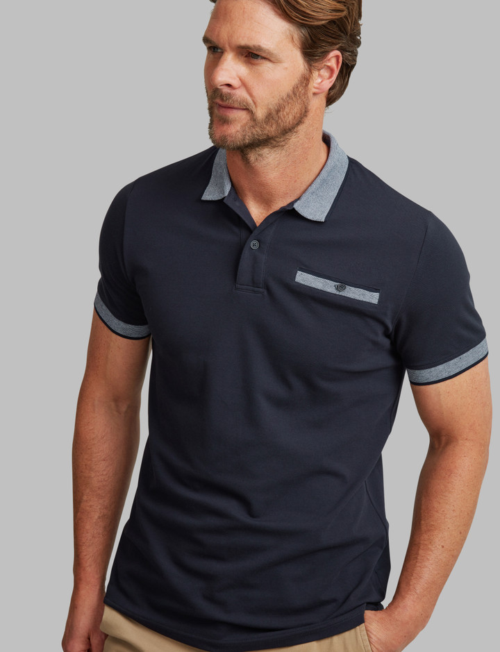 classic men's navy polo with jacquard ribs and chest pocket