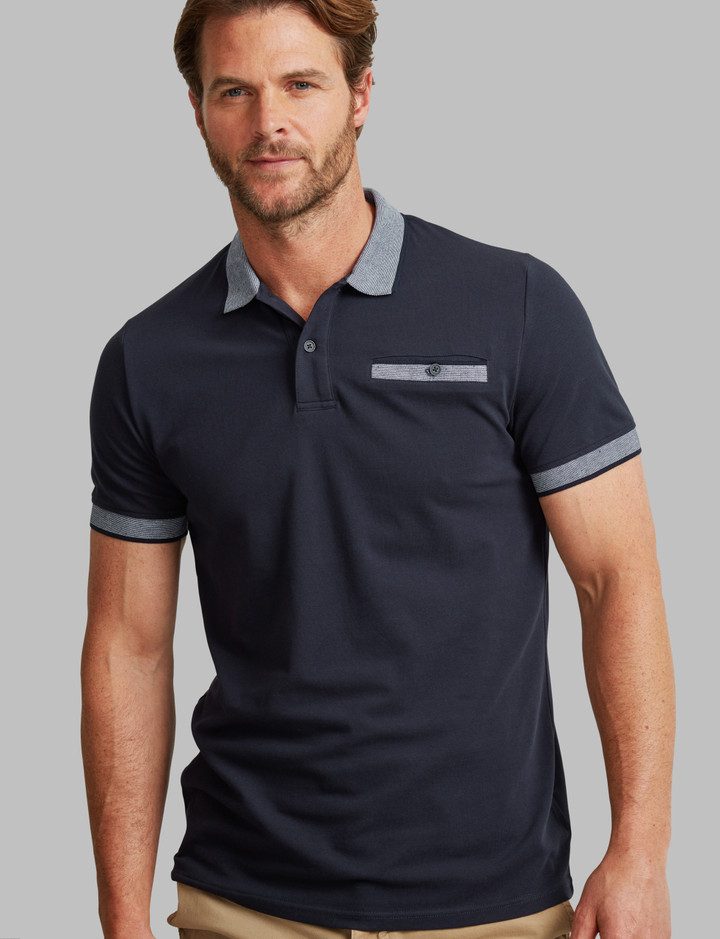 classic men's navy polo with jacquard ribs and chest pocket
