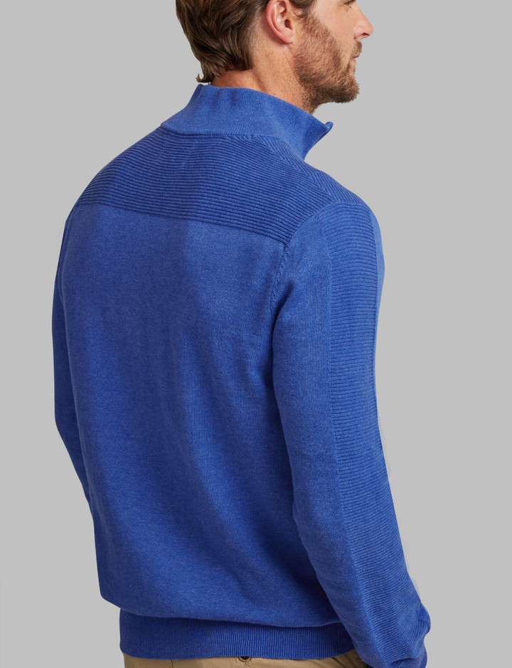soft cotton blue quarter zip with rib detail by Vedoneire of Ireland