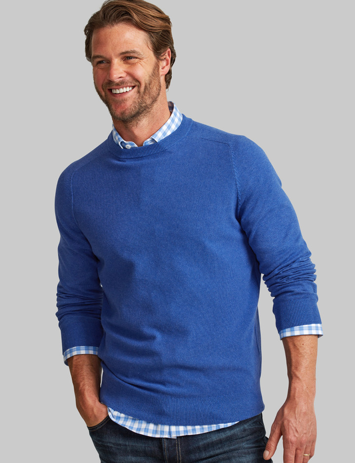 Men's blue cotton knit with texture body and plain knit sleeves by Vedoneire of Ireland