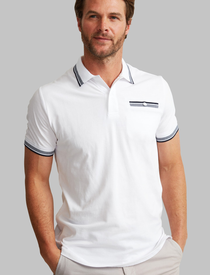  Men's white cotton polo with chest pocket and contrast tipping