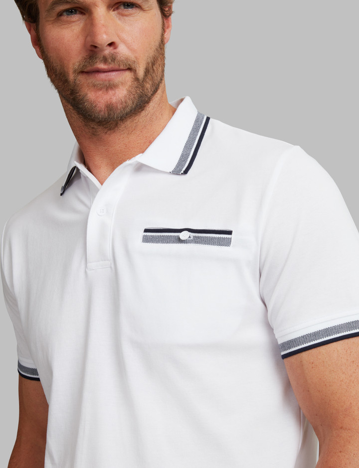  Men's white cotton polo with chest pocket and contrast tipping