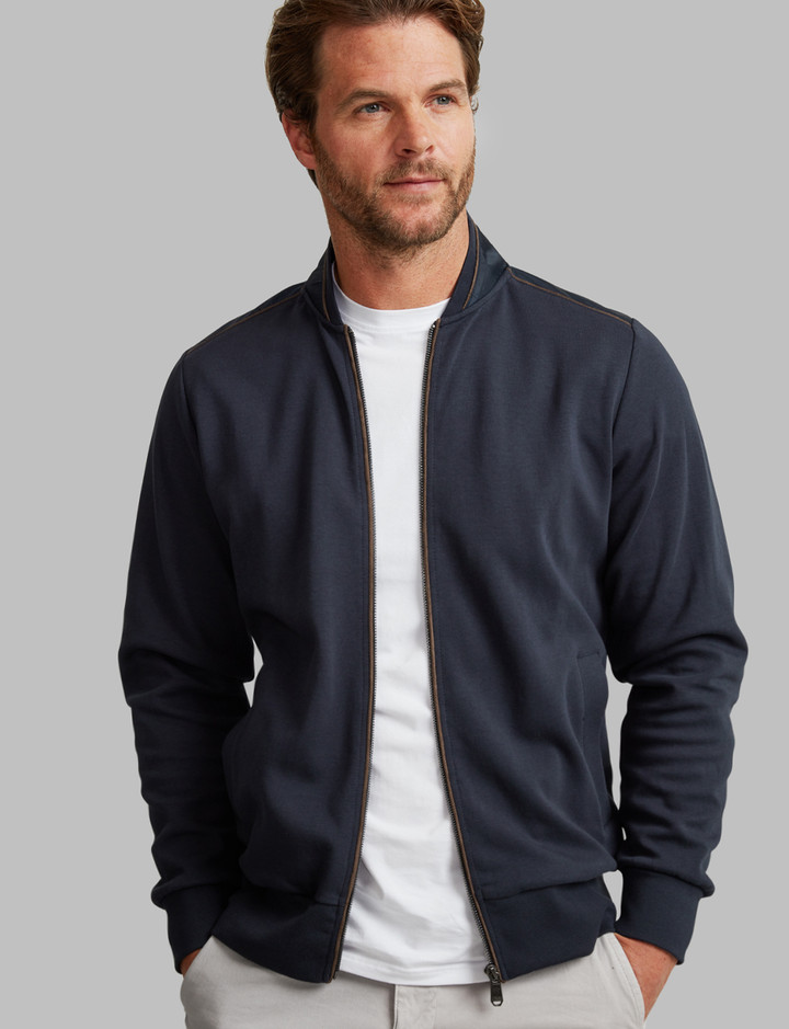 Men's navy full zip sweat shirt with suede trim by Vedoneire of Ireland