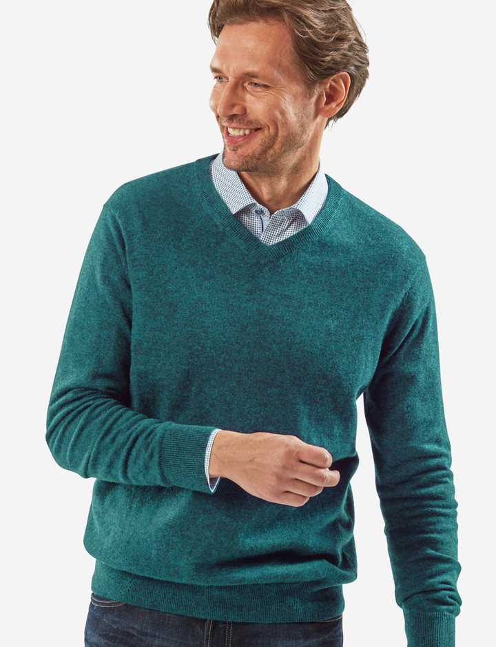 Luxury Lambswool teal melange V-Neck knit by Vedoneire of Irleand