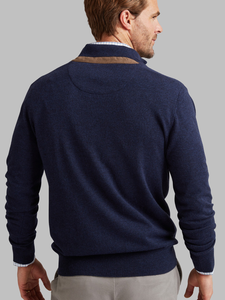 Men's Lambswool quarter zip with suede trim, by Vedoneire of Irleand