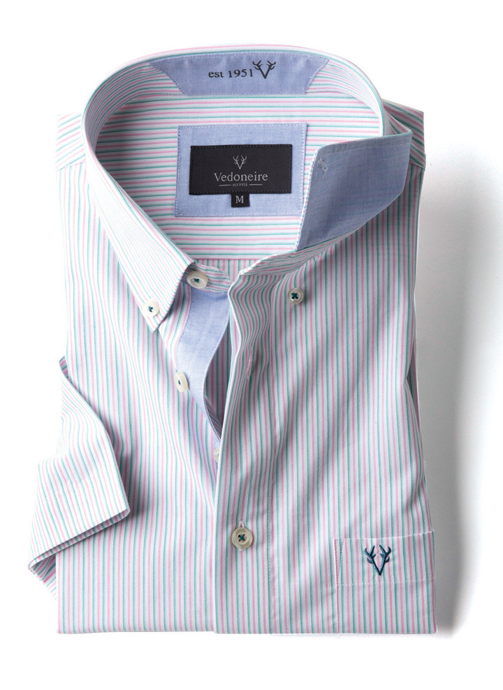 Men's Short Sleeve Cotton Shirt (2296) Pink Green Stripe