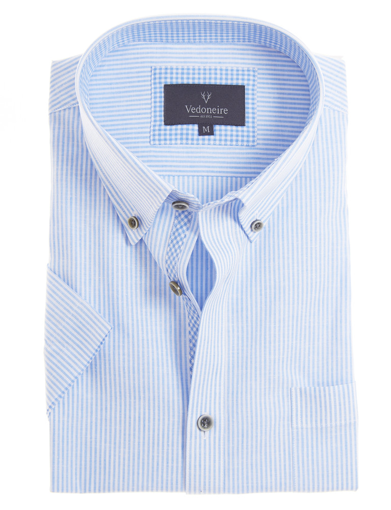 Linen mix short sleeve shirt, blue stripe, by Vedoneire of Ireland
