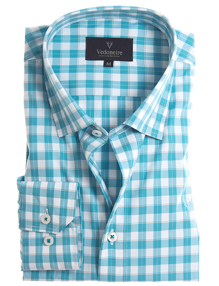 Men's soft fine cotton sea green check shirt Vedoneire of Ireland