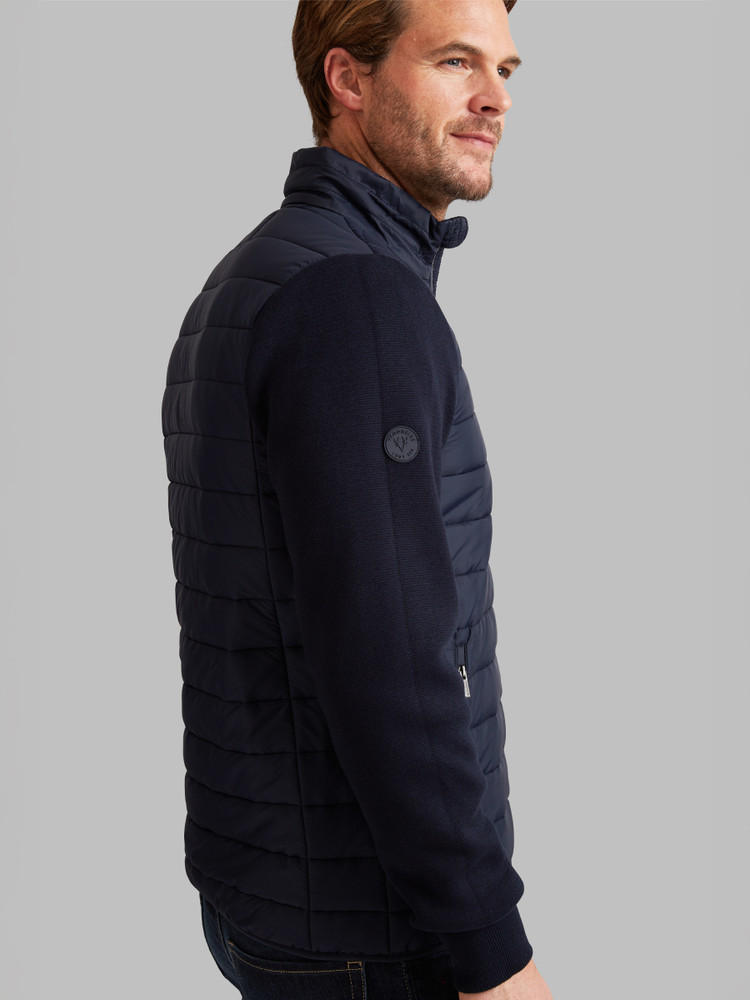 Premium Men's hybrid navy padded jacket with knitted sleeves, by Vedoneire of Ireland