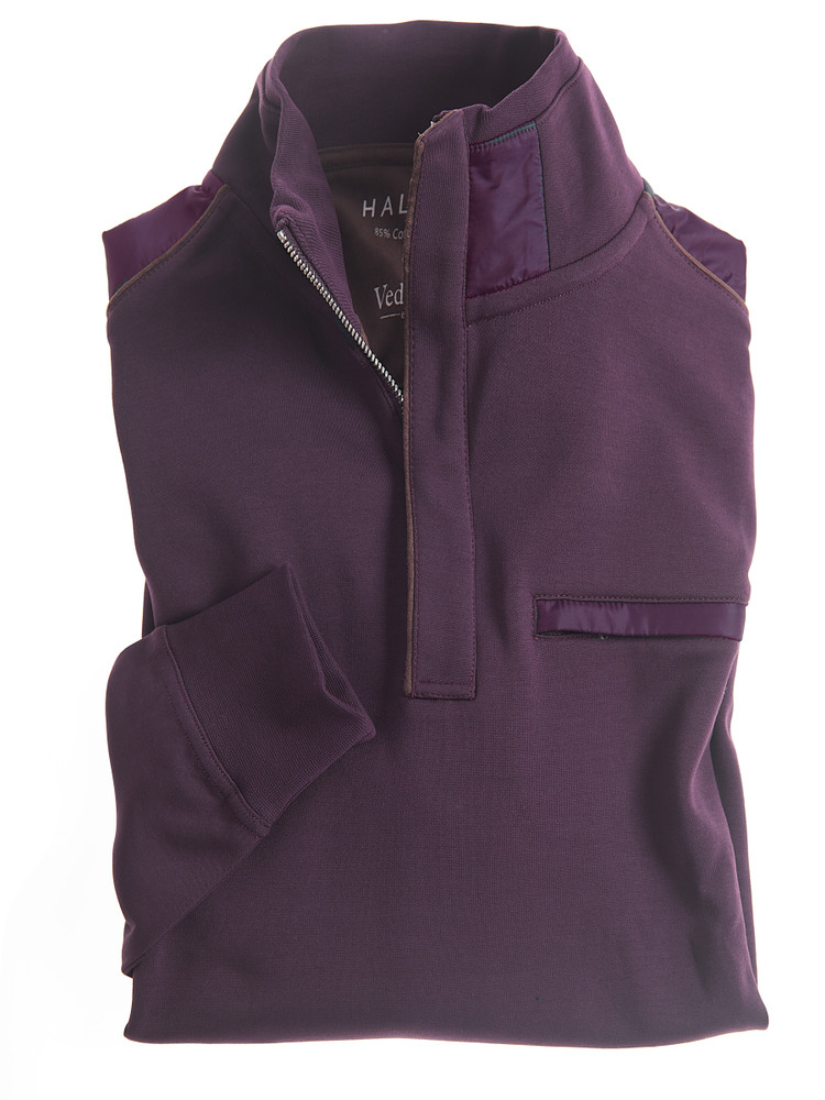 quarter zip sweatshirt with suede trim, acai purple