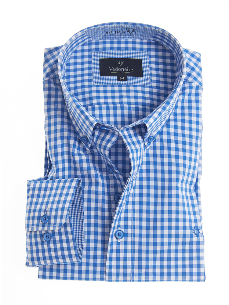 Striking blue gingham button down shirt in soft cotton, by Vedoniere of Ireland