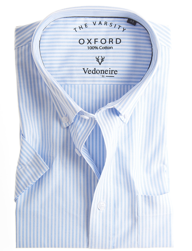 Men's short sleeve, 100% cotton, classic blue stripe Oxford shirt with Pocket