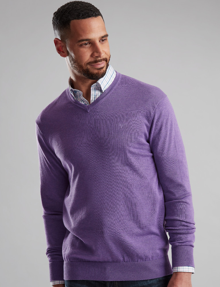 Men's V-Neck cotton jumper, dusted grape, by Vedoneire of Ireland