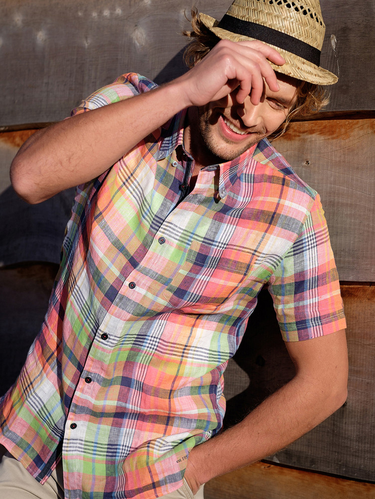 Men's Short Sleeve 100% Linen Shirt, Bright Check