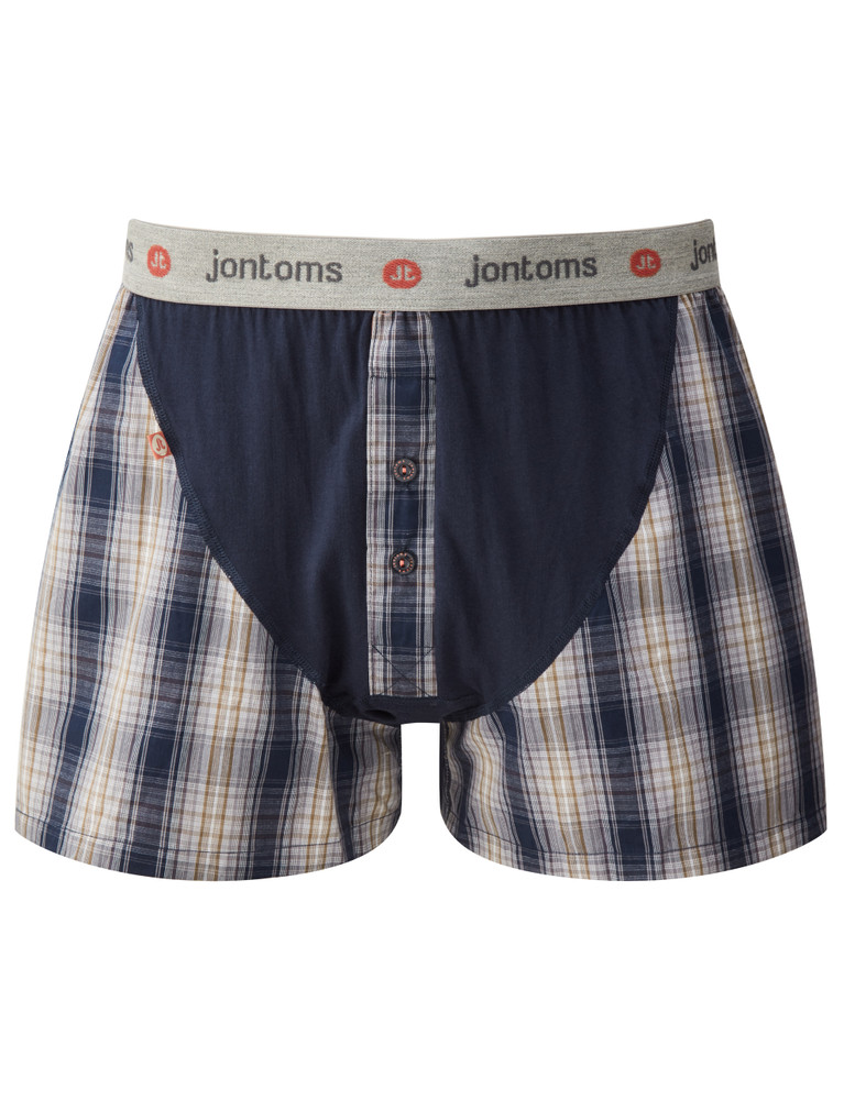 Mens Cotton Boxers Single (JT006) Navy Jersey, Woven Plaid