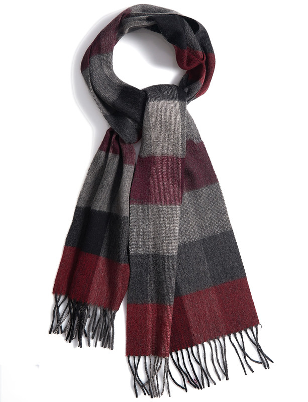 Men's luxury 100% wool scarf, grey and port wine, by Vedoneire of Ireland